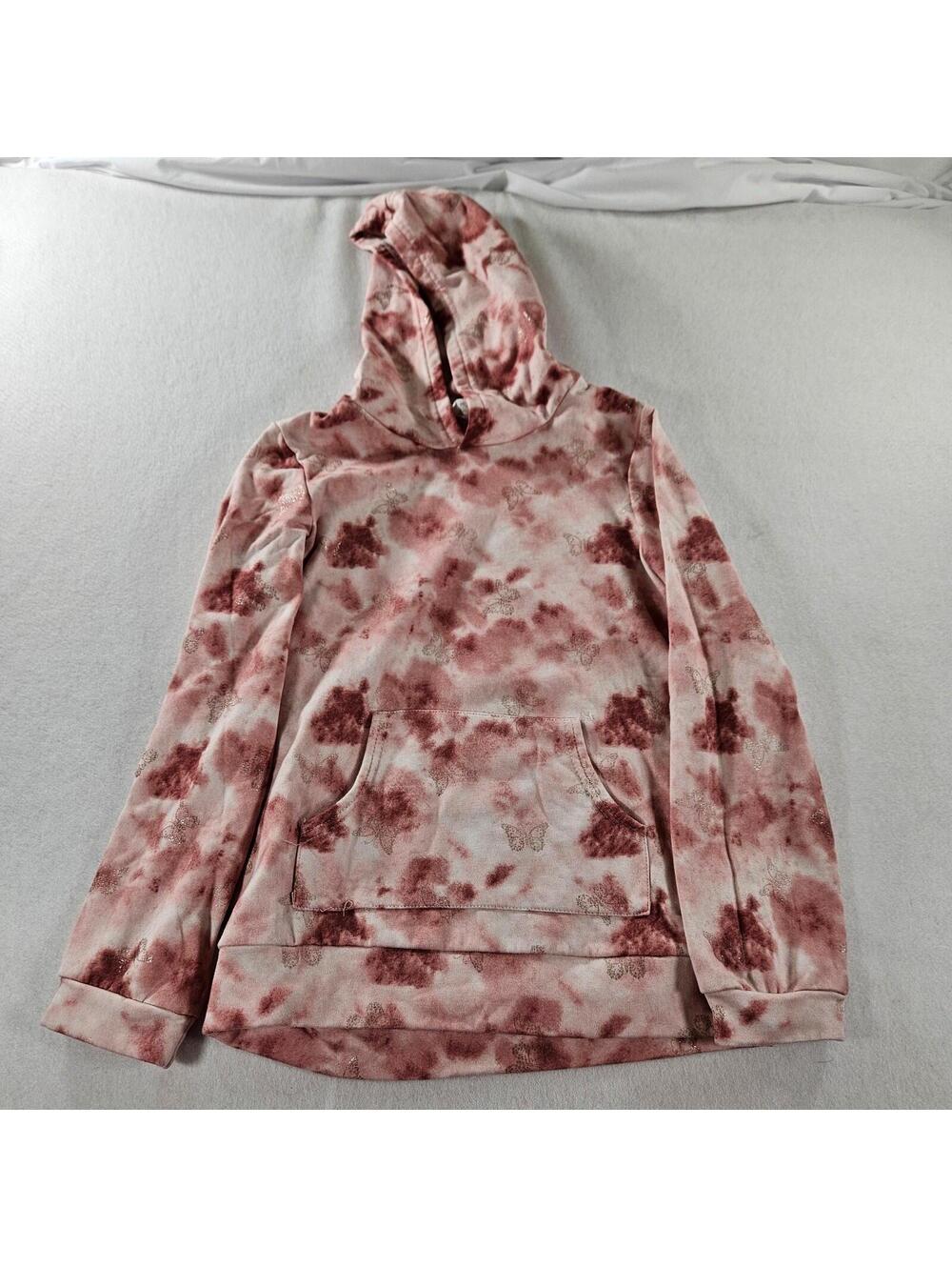 Emma & Elsa Girls Size L Pnk Tie Dye Hoodie Glitter Butterfly Pullover